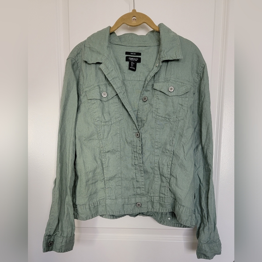 Jones New York Linen Jacket Pockets Button front Sage Green sz Large